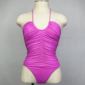Zara Womens One Piece Swimsuit Size Small Ruched Pink Keyhole Halter Fuchsia